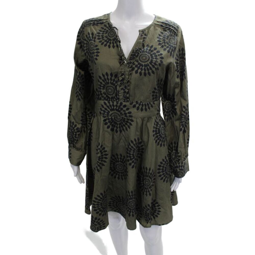 Designer Women Fit & Flare Dress Green Cotton V Neck Long Sleeve Size S